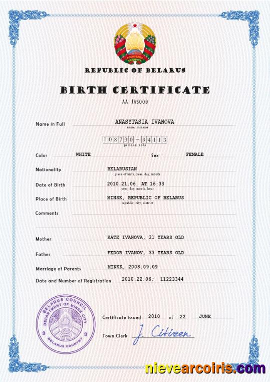 Belarus birth certificate